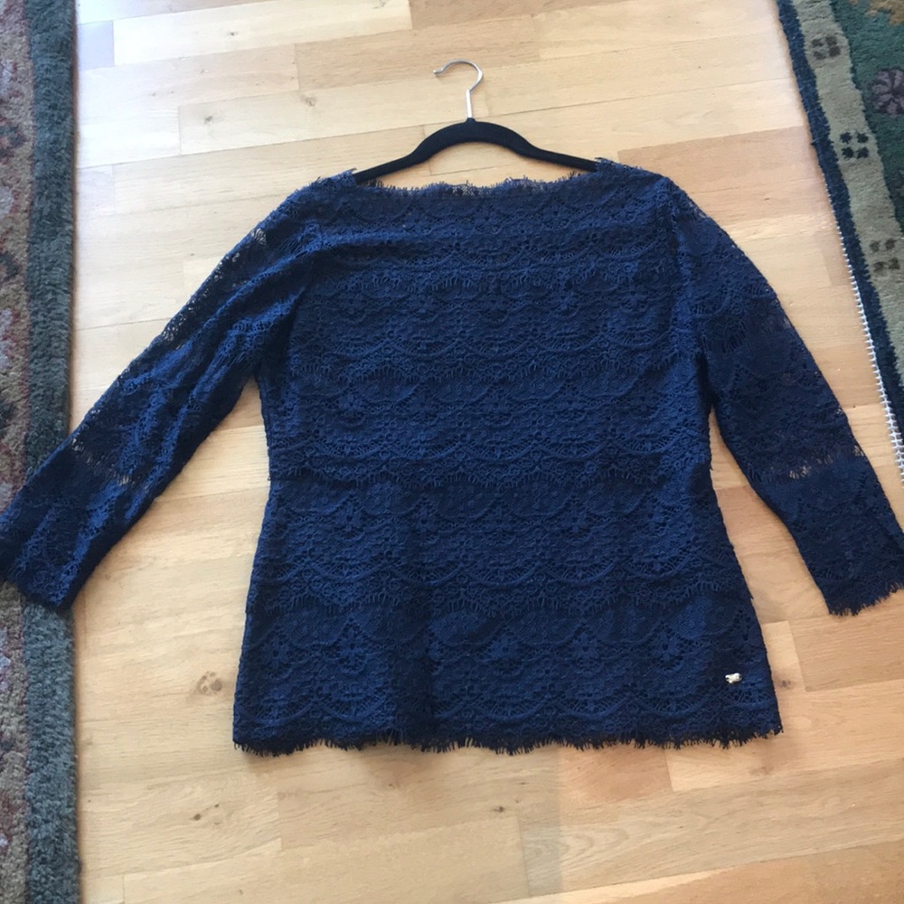 Escada navy blue tiered lace top size M